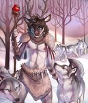  2017 antlers blue_eyes brown_fur brown_hair canine cervine demicoeur elk feathers feral fur hair horn male mammal outside snow staff tribal winter wolf 