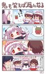  4koma :3 :d ^_^ ahoge akagi_(kantai_collection) black_hair brown_eyes brown_hair closed_eyes comic dress hakama hat houshou_(kantai_collection) japanese_clothes kaga_(kantai_collection) kantai_collection multiple_girls northern_ocean_hime oni open_mouth orange_eyes pako_(pousse-cafe) scarf setsubun shinkaisei-kan side_ponytail smile translation_request white_dress white_hair white_skin younger 