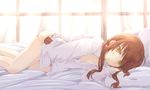  bare_legs bed_sheet blouse breasts brown_hair colored_eyelashes curtains hair_between_eyes highres hikari_niji inazuma_(kantai_collection) indoors kantai_collection long_hair looking_at_viewer lying on_side sidelocks sleepwear small_breasts solo thighs white_blouse window yellow_eyes 