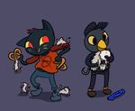  2017 anthro avian bird black_fur candy cat clothed clothing duo feline female feral food fur germ_(nitw) hat mae_(nitw) mammal maniakmonkey marsupial night_in_the_woods opossum pet pretzel_(food) rat red_eyes rodent smile 