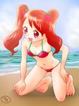  1girl barefoot beach bikini blush body_blush breasts collarbone feet food food_themed_hair_ornament fruit hair_ornament highres kirakira_precure_a_la_mode kneeling long_hair looking_at_viewer navel ocean open_mouth precure red_eyes red_hair ruriruri sand small_breasts smile solo strawberry swimsuit toes twintails usami_ichika water 