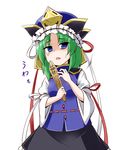  blue_eyes commentary crown d: disgust green_hair kousei_(public_planet) looking_at_viewer miniskirt open_mouth rod_of_remorse shaded_face shiki_eiki short_hair skirt solo sweat touhou translated turn_pale wide_sleeves 
