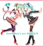  2girls 39 agonasubi aqua_eyes aqua_hair belt black_bra blush boots bra butterfly_hair_ornament character_name dated demon_tail demon_wings elbow_gloves fingerless_gloves from_side full_body garter_straps gloves green_eyes green_hair hair_ornament hatsune_miku headphones heart heart_hands heart_hunter_(module) high_heel_boots high_heels highres honey_whip_(module) knee_boots lace lace-trimmed_thighhighs letterboxed long_hair looking_at_viewer multiple_girls one_eye_closed outstretched_arm project_diva project_diva_(series) project_diva_f simple_background skirt standing standing_on_one_leg sweet_devil_(vocaloid) tail thighhighs twintails underwear vocaloid white_background wings 