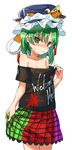  :/ asymmetrical_hair blush breasts cleavage commentary cosplay crown curtsey frown green_eyes green_hair hecatia_lapislazuli hecatia_lapislazuli_(cosplay) looking_at_viewer manarou nose_blush off-shoulder_shirt oversized_clothes shiki_eiki shirt shirt_pull short_hair skirt_hold small_breasts solo sweat touhou 