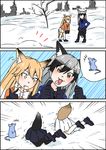  2girls a5_(irsta_5) absurdres animal_ears blonde_hair bow bowtie buried comic commentary_request drooling ezo_red_fox_(kemono_friends) fox_ears gloves hair_between_eyes highres kemono_friends long_hair long_sleeves mouse multicolored_hair multiple_girls pantyhose silent_comic silver_fox_(kemono_friends) skirt snow spoken_animal stuck tail tongue tongue_out 