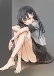  anklet asymmetrical_bangs bangs barefoot black_hair black_skirt bracelet brown_eyes closed_mouth commentary_request crossed_legs expressionless highres jewelry long_hair looking_at_viewer noraico original partial_commentary pleated_skirt school_uniform serafuku shadow sitting skirt solo thighs 