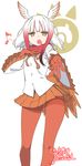  2017 artist_name bad_singing crack dated eighth_note gloves hand_on_own_chest head_wings highres japanese_crested_ibis_(kemono_friends) japari_symbol kemono_friends looking_at_viewer music musical_note open_mouth pantyhose pink_hair pleated_skirt red_gloves red_legwear signature singing skirt solo white_hair yellow_eyes yoshida_hideyuki 