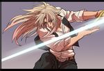  ag_ss41 balmung_(fate/apocrypha) dark_skin dark_skinned_male fate/apocrypha fate_(series) long_hair male_focus siegfried_(fate) simple_background slashing solo sword weapon white_background white_hair 