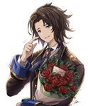  black_hair bloom blue_eyes bouquet flower granblue_fantasy granblue_fantasy_(style) jacket lancelot_(granblue_fantasy) looking_at_viewer male_focus parted_lips presenting signature sketch smile solo tenyo0819 the_dragon_knights upper_body 