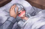 blush breath burn_scar commentary dorei_to_no_seikatsu_~teaching_feeling~ dress_shirt half-closed_eyes hand_on_another's_head long_hair looking_at_viewer lying official_art on_bed parted_lips ray-k scar shirt sick silver_eyes silver_hair solo_focus sweat sweating_profusely sylvie_(dorei_to_no_seikatsu) towel towel_on_head under_covers 