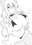  bare_shoulders barefoot bikini blush breasts cleavage cum green_eyes hai_ookami highres horns huge_breasts invisible_penis kobayashi-san_chi_no_maidragon long_hair monochrome navel one_eye_closed paizuri quetzalcoatl_(maidragon) simple_background sling_bikini_top solo spot_color swimsuit thighs white_background wince yellow_eyes 