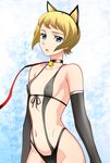 animal_ears bare_shoulders bell bell_collar black_gloves blonde_hair blue_eyes breasts cat_ears choker collar covered_nipples elbow_gloves fake_animal_ears gloves gundam gundam_tekketsu_no_orphans highres julietta_juris kenken leash looking_at_viewer navel nipples open_mouth see-through short_hair slave slingshot_swimsuit small_breasts solo swimsuit 