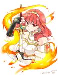  2017 bare_shoulders black_gloves celica_(fire_emblem) dress fingerless_gloves fire fire_emblem fire_emblem_echoes:_mou_hitori_no_eiyuuou gloves long_hair red_eyes red_hair serious solo strapless strapless_dress sword tiara twitter_username upper_body weapon yukia_(firstaid0) 