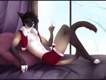 anthro clothed clothing feline inside looking_at_viewer male mammal navel nimushka nipples one_eye_closed open_shirt pillow smile solo tongue tongue_out 