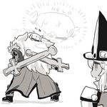  1girl dog dual_wielding greyscale guilty_gear guilty_gear_xrd hat holding leo_whitefang lowres monochrome negi_(kyouki-beya) ramlethal_valentine 