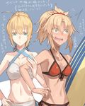  2girls ahoge aqua_eyes artoria_pendragon_(swimsuit_archer)_(fate) bare_shoulders bikini blonde_hair blush braid breasts cleavage fate/apocrypha fate/grand_order fate/stay_night fate_(series) long_hair midriff mordred_(swimsuit_rider)_(fate) multiple_girls navel open_mouth ponytail saber saber_of_red tan 