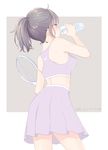  absurdres artist_name bottle breasts brown_hair cowboy_shot dated drinking facing_away highres medium_breasts original ponytail profile purple_skirt racket sideboob skirt solo standing tennis_racket water_bottle wet zdl_xiaobai 