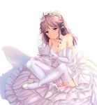  ahoge arm_garter bare_shoulders breasts bridal_veil choker cleavage closed_mouth collarbone concentrating dress elbow_gloves flower frilled_gloves frills full_body garter_straps gathers gloves handheld_game_console head_wreath headphones high_heels highres holding indian_style jewelry long_hair medium_breasts necklace nintendo_3ds pendant pink_hair playing_games purple_eyes raised_eyebrows rose shadow shiny shiny_hair shoe_soles shoes simple_background sitting sitting_on_ground sleeveless sleeveless_dress solo strapless strapless_dress thighhighs tirpitz_(zhan_jian_shao_nyu) veil wedding_dress white_background white_choker white_dress white_flower white_footwear white_gloves white_legwear white_rose yuemanhuaikong zhan_jian_shao_nyu 