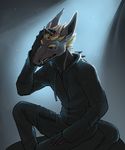  anthro clothed clothing dragon fangs hair hoodie horn male melamoryblack simple_background solo teeth 
