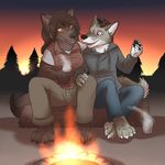  2015 aggrobadger anthro black_nose brown_fur camping canine clothed clothing coyote duo female fire fur hand_on_head hand_on_leg larger_female male mammal orange_eyes purple_eyes romantic_couple shaytalis sitting size_difference sunset tan_fur wolf 