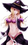  bare_shoulders black_legwear blonde_hair dorothy_(shingeki_no_bahamut) finger_to_mouth hat jewelry long_hair looking_at_viewer midriff navel necklace nya_rl one_eye_closed red_eyes shadowverse smile solo white_background witch witch_hat 