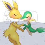  bedding blush cute duo ecru_(artist) eeveelution jolteon nintendo pok&eacute;mon sleeping snivy video_games 