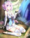  bare_shoulders d-pad d-pad_hair_ornament eating food four_goddesses_online:_cyber_dimension_neptune hair_ornament highres linyu neptune_(choujigen_game_neptune) neptune_(series) pudding purple_eyes short_hair spoon spoon_in_mouth thighs 