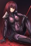  &gt;:) arm_support bangs bodysuit breasts commentary_request covered_navel fate/grand_order fate_(series) gae_bolg hair_between_eyes knee_up large_breasts long_hair matsunaga_garana parted_lips purple_bodysuit purple_hair red_eyes scathach_(fate)_(all) scathach_(fate/grand_order) sitting smile solo v-shaped_eyebrows very_long_hair 