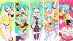  2017 aqua_eyes aqua_hair arm_up armpits azurite0012 column_lineup commentary_request dated dress facepaint gloves green_eyes green_hair grin hands_on_own_chest hatsune_miku highres long_hair navel necktie one_eye_closed open_mouth short_shorts shorts smile solo thighhighs twintails very_long_hair vocaloid weekender_girl_(vocaloid) yellow_(vocaloid) 