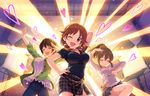  artist_request breasts brown_hair card_(medium) cleavage closed_eyes earrings hand_on_hip heart hori_yuuko idolmaster idolmaster_cinderella_girls idolmaster_cinderella_girls_starlight_stage jewelry katagiri_sanae large_breasts lights low_twintails multiple_girls necklace official_art oikawa_shizuku one_eye_closed open_mouth sexy_guilty skirt spoon sweater twintails 