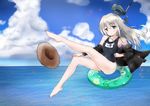  blue_sky cloud cloudy_sky collarbone day garrison_cap hat hat_removed headwear_removed highres horizon innertube kantai_collection long_hair looking_at_viewer name_tag ocean racchi. school_swimsuit silver_eyes silver_hair sky solo sun_hat swimsuit u-511_(kantai_collection) 