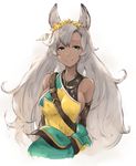  animal_ears arms_behind_back bad_id bad_twitter_id bare_shoulders breasts cat_ears closed_mouth commentary_request dark_skin erune flower granblue_fantasy green_eyes grey_hair hair_flower hair_ornament highres koretsuki_azuma large_breasts long_hair looking_at_viewer nemone sideboob simple_background smile solo upper_body 