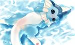  2017 anus blue_skin blush crest digitigrade eeveelution female feral frill head_frill looking_at_viewer lying marine multicolored_skin nintendo on_back partially_submerged pawpads pok&eacute;mon pussy rag._(artist) shy smile solo two_tone_skin vaporeon video_games water wet white_skin 