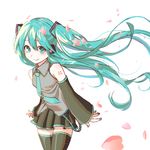  absurdres alpha_(ypalpha79) aqua_eyes aqua_hair cowboy_shot detached_sleeves hatsune_miku headphones highres long_hair looking_at_viewer nail_polish necktie petals skirt smile solo thighhighs twintails very_long_hair vocaloid white_background 