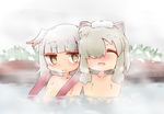  alpaca_ears alpaca_suri_(kemono_friends) animal_ears blush commentary_request hair_over_one_eye head_wings japanese_crested_ibis_(kemono_friends) kemono_friends multiple_girls nude onsen partially_submerged steam thick_eyebrows toshi_mellow-pretty towel towel_on_head water wings 