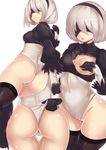  absurdres adjusting_clothes adjusting_leotard ass black_gloves black_legwear blindfold breasts covered_navel covering_nipples cowboy_shot feather-trimmed_sleeves gloves hairband highres juliet_sleeves leotard long_sleeves mole mole_under_mouth multiple_views nier_(series) nier_automata open_mouth parted_lips puffy_sleeves senbon_tsuki short_hair silver_hair small_breasts sweat thigh_gap thighhighs white_leotard yorha_no._2_type_b 