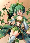 ;o alcohol blush bottle bow bra breasts chisato_(missing_park) cleavage dagger fang flower_knight_girl green_bow green_bra green_eyes green_hair green_skirt hair_bow hop_(flower_knight_girl) jewelry long_hair medium_breasts midriff necklace object_namesake one_eye_closed open_mouth orange_background plant shirt side_ponytail skirt solo thighhighs underwear vines weapon white_legwear wine wine_bottle zettai_ryouiki 