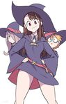  :o bangs blunt_bangs blush breasts brown_hair closed_mouth collared_shirt commentary_request dress glasses hair_over_one_eye half-closed_eyes hand_on_hip hat kagari_atsuko legs little_witch_academia long_hair long_sleeves looking_at_viewer lotte_jansson medium_breasts multiple_girls open_mouth pale_skin pink_hair red_eyes shirt short_hair simple_background smile standing sucy_manbavaran white_background wide_sleeves wind wind_lift witch witch_hat yuuki_hb 
