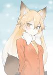  animal_ears bad_id bad_nicoseiga_id blonde_hair blush buttons extra_ears ezo_red_fox_(kemono_friends) fox_ears fox_tail gradient_hair hair_between_eyes jacket kemono_friends long_hair looking_at_viewer mobu multicolored_hair muted_color neck_ribbon necktie orange_jacket ribbon snowing solo standing tail tsurime upper_body very_long_hair white_hair white_ribbon yellow_eyes yellow_neckwear 