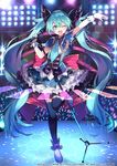  ;d aqua_eyes aqua_hair aqua_neckwear black_bow black_legwear blue_dress blush bow capelet commentary_request dress frilled_dress frills full_body gloves hair_bow hatsune_miku idol kneehighs light_stick long_hair looking_at_viewer microphone microphone_stand necktie one_eye_closed open_mouth shugao smile solo stage stage_lights standing standing_on_one_leg very_long_hair vocaloid white_gloves 