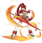  absurdres armor armored_boots boots claymore_(sword) elesis_(elsword) elsword fire free_knight_(elsword) full_body high_ponytail highres holding holding_sword holding_weapon long_hair looking_at_viewer official_art open_mouth red_eyes red_hair ress solo sword thighhighs transparent_background weapon white_legwear 