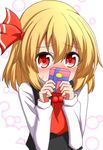  ascot black_vest blonde_hair blush box commentary_request covered_mouth covering_mouth covering_nose full-face_blush gift gift_box hair_between_eyes hair_ribbon highres long_sleeves looking_at_viewer red_eyes red_neckwear red_ribbon ribbon rumia shy solo sweat teoi_(good_chaos) touhou upper_body vest white_background 