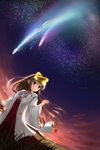  bad_id bad_pixiv_id blonde_hair brown_eyes chihaya_(clothing) cloud cloudy_sky flower hair_ornament headpiece highres japanese_clothes kanzashi kimi_no_na_wa long_hair looking_at_viewer meteor_shower miko miyamizu_mitsuha night night_sky parted_lips rko_(a470350510) scenery sky solo spider_lily star_(sky) starry_sky wind 