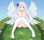  aisuuwan angel_wings aqua_eyes bad_id bad_pixiv_id bare_shoulders black_heart breasts cameltoe cleavage collar elbow_gloves flower four_goddesses_online:_cyber_dimension_neptune full_body gloves hair_flower hair_ornament halo highres jewelry large_breasts long_hair looking_at_viewer midriff navel neptune_(series) power_symbol sitting smile solo stomach thighhighs white_hair wings 