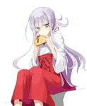  alternate_costume blue_eyes blush hakama hibiki_(kantai_collection) japanese_clothes kantai_collection long_hair miko mochiki no_hat no_headwear red_hakama sidelocks silver_hair simple_background sitting solo sweat white_background wide_sleeves 