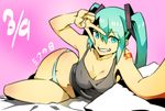  39 aqua_eyes aqua_hair ganagoa grin hatsune_miku highres letterboxed long_hair looking_at_viewer no_pants panties smile solo striped striped_panties tank_top twintails underwear v vocaloid 