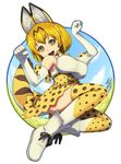  animal_ears animal_print bare_shoulders blonde_hair blue_sky boots bow breasts cloud elbow_gloves full_body gloves kemono_friends large_breasts looking_at_viewer maruta_kentarou open_mouth savannah serval_(kemono_friends) serval_ears serval_print serval_tail shirt short_hair skirt sky sleeveless sleeveless_shirt solo tail thighhighs tree white_footwear white_shirt yellow_eyes 