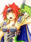  1girl absurdres animal_ears armor breasts cape cleavage dragon_girl dragon_tail female granberia large_breasts looking_at_viewer mon-musu_quest! monster_girl red_hair scales solo sword tail tattoo tiara weapon yellow_eyes 