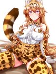  animal_ears animal_print bangs belt blonde_hair blush bow bowtie breast_pocket breasts cameltoe cosplay elbow_gloves fat_mons gloves hair_between_eyes hair_bow highres kemono_friends long_hair looking_at_viewer medium_breasts panties pocket print_panties purple_eyes serval_(kemono_friends) serval_(kemono_friends)_(cosplay) serval_ears serval_print serval_tail shiny shiny_hair shirt sidelocks sitting skindentation skirt sleeveless sleeveless_shirt slit_pupils smile solo tail taut_clothes taut_shirt thick_thighs thighhighs thighs touhou underwear very_long_hair wariza white_background white_shirt yakumo_yukari zan_(harukahime) 