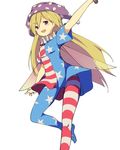  american_flag_dress american_flag_legwear blonde_hair clownpiece dress fairy_wings hasebe_yuusaku hat jester_cap long_hair looking_at_viewer neck_ruff pantyhose polka_dot purple_eyes short_dress short_sleeves simple_background smile solo star star_print striped torch touhou very_long_hair white_background wings 